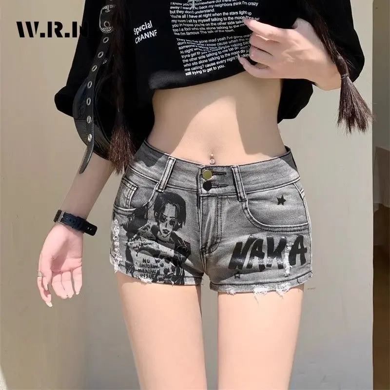 Women's Grunge Fashion Hotsweet Printting 2000S Sheath Denim Shorts Casual Sexy Slim Fit Y2K Street Harajuku Style Jean Short