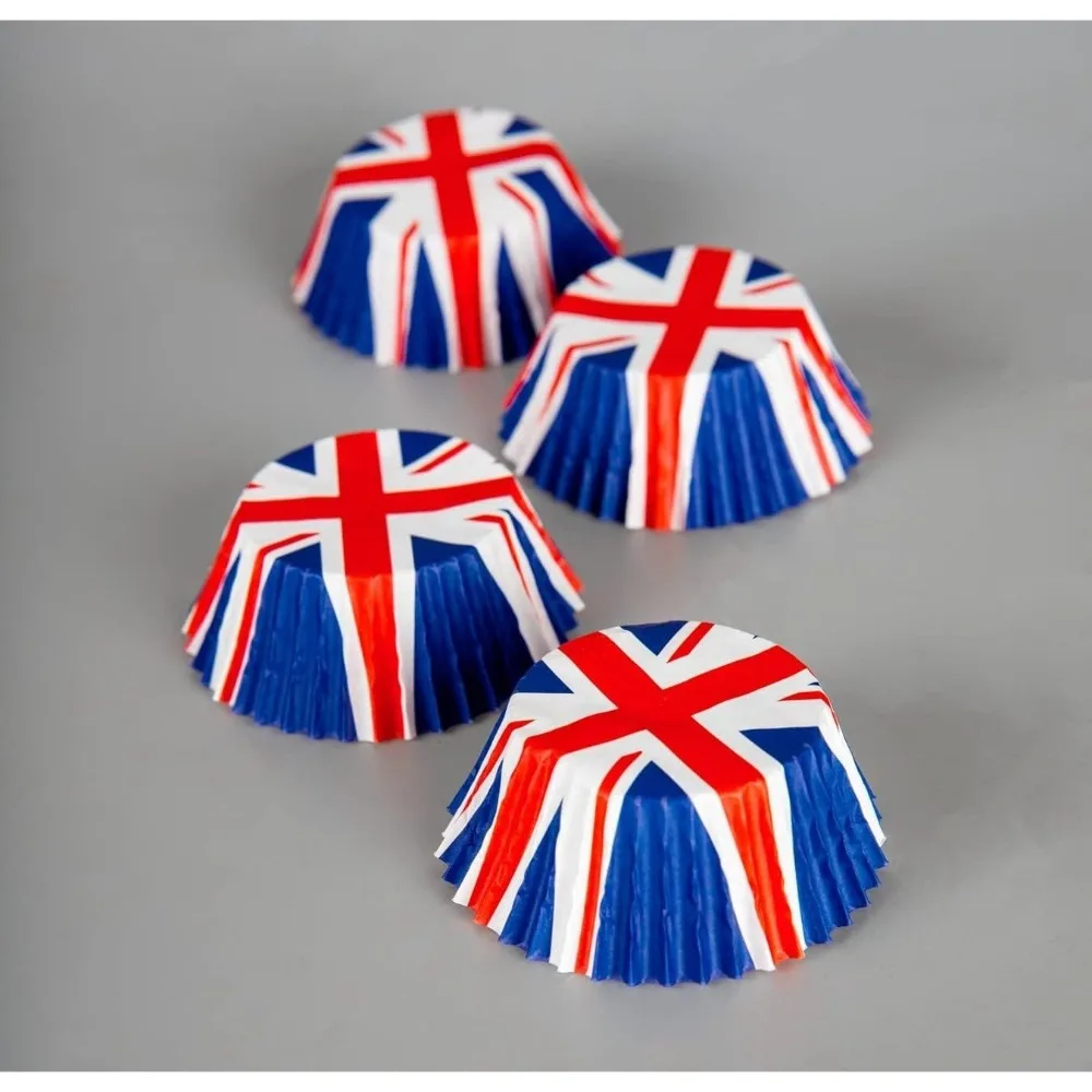 Cupcake-Hüllen aus Papier von Union Jack, Backpapierbecher, Muffin-Kuchenhalter, Einlagen, Großbritannien, Flaggendruck, VE Day Celebration