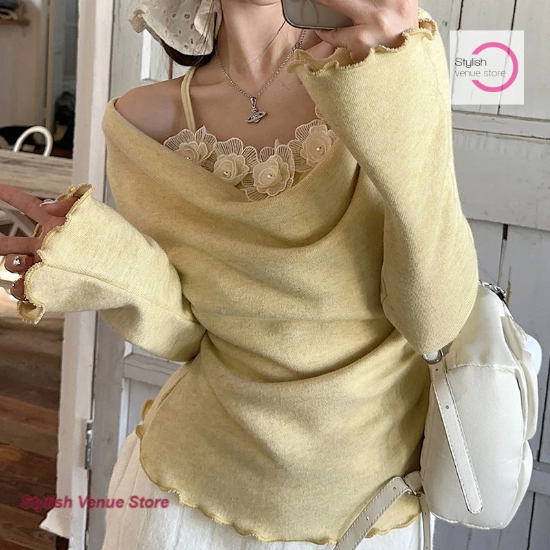 

Korean stitching fake two pieces of flower sling long sleeve sweater women's spring and autumn slim pleated design casual top