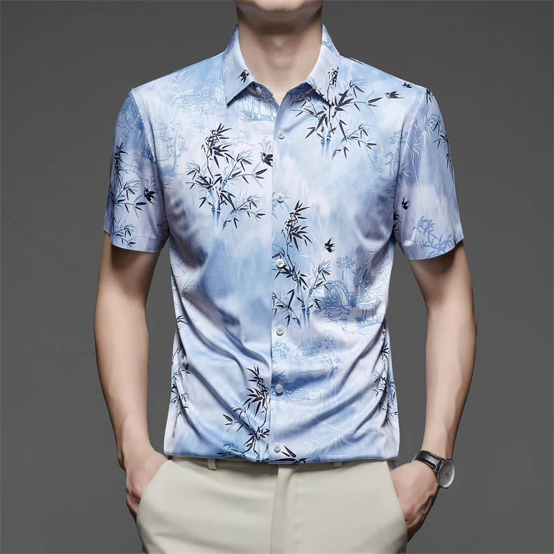 Mulberry Silk Men's Printing Clothes 2024 Summer Fashion Bambooo Tree Print Shirts Short Sleeve Seamless Smooth Dress Shirts