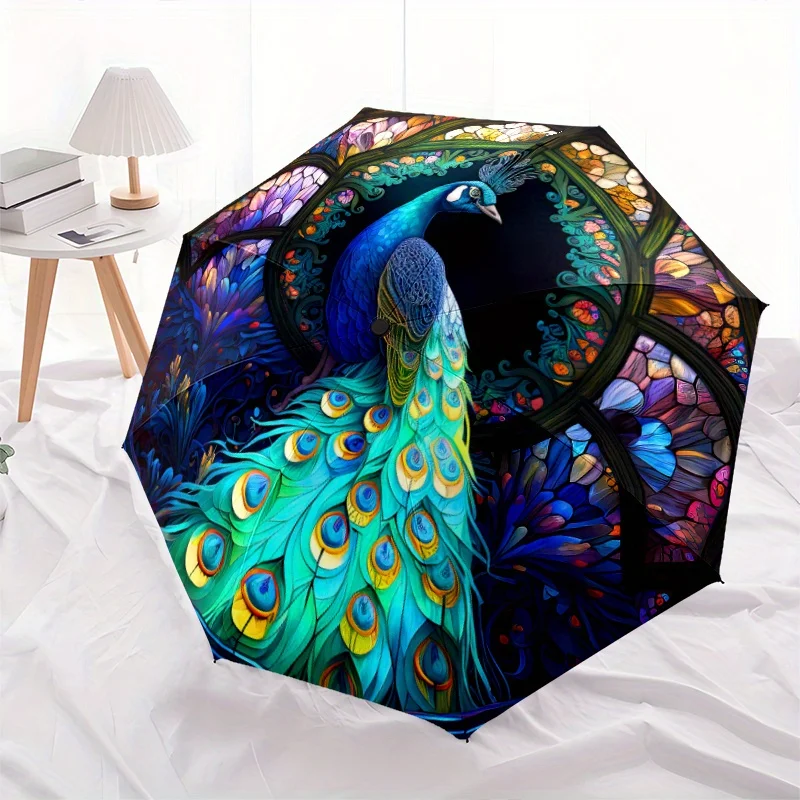 

1 шт. Портативный складной зонт из витража с узором павлина — прочная железная рама, 8 ребер, автоматический открытый компактный дизайн для всех