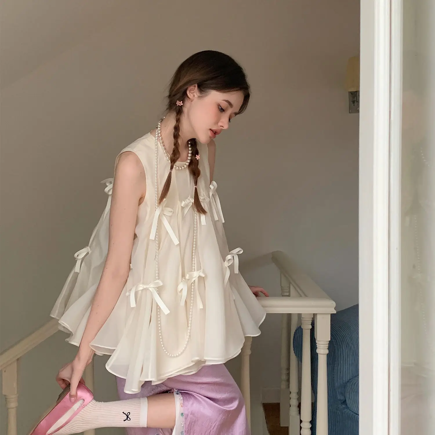 

Sweet Blouses Women Bow Kawaii Clothes Korean Fashion Round Neck Sleeveless Casual Shirts Outwear Gentle Blusas