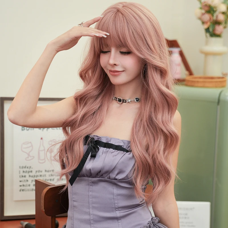 7JHH WIGS Costume Wig Synthetic Body Wavy Sweet Pink Wig for Women Daily Use Fashion Loose Sakura Pink Wigs with Fluffy Bangs