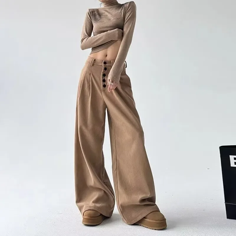 American Retro High Waist Single Button Trousers Women's Clothing Wide Leg Fashionable Pleated Loose Basic Straight Casual Pants