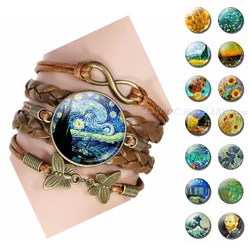 Van Gogh Bracelet Art Oil Painting Glass Starry Night Sunflower Handmade Leather Bracelets for Man Women Gift Dropshipping