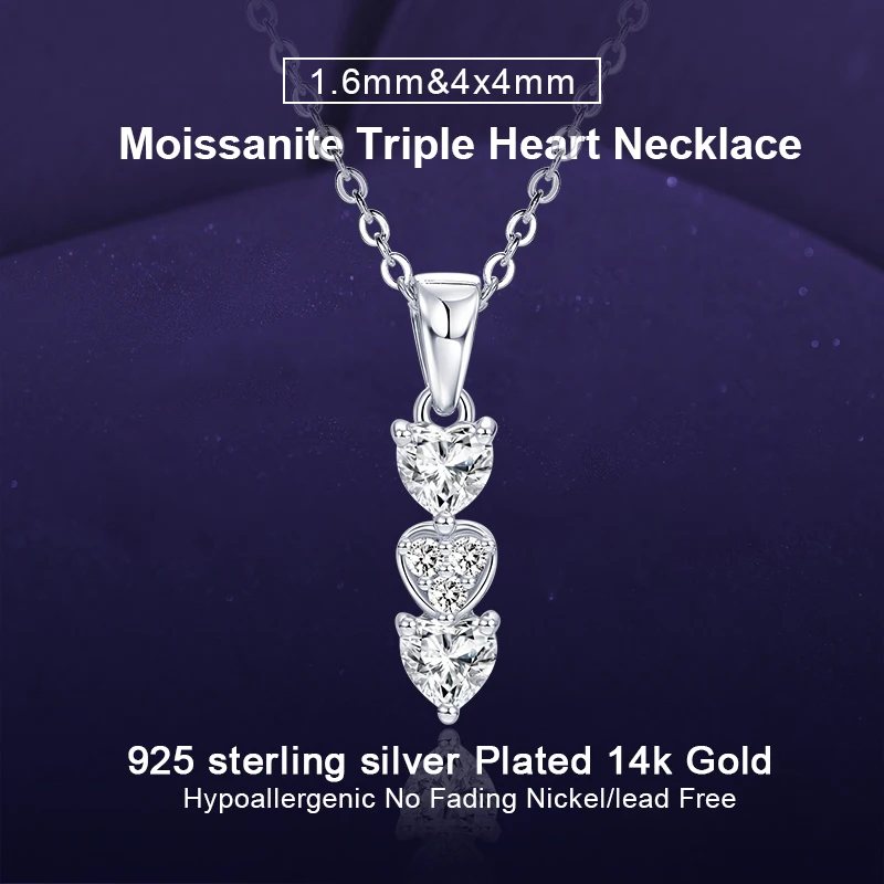 

IOGOU 100% Moissanite Triple Heart Pendant Necklace for Women 1.6mm&4x4mm D Color Lab Diamond Real Silver Chain 925 Fine Jewelry