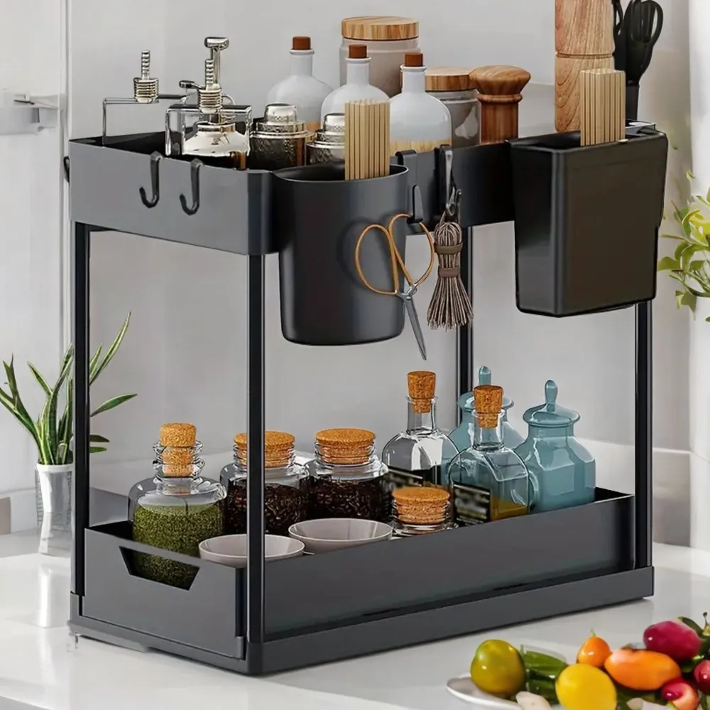 Efficient and Neat Double Layer Plastic Kitchen Shelf with Hanging Box, Hook, Sink, and Counter Top Spice Organizer for Easy Acc