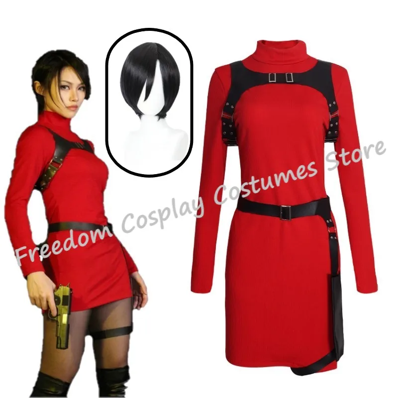 

Female Resident 4 Ada Wong Cosplay Costume wig red Dress Belt suit Halloween Carnival Party Suit For Adult Women Girls