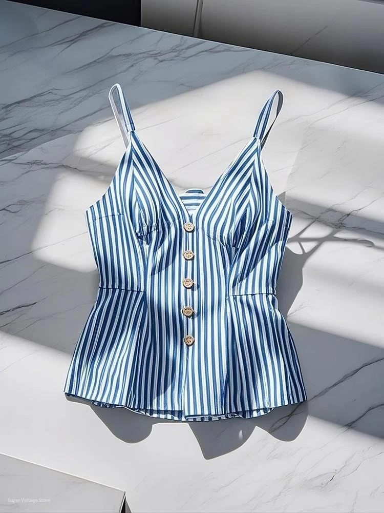French Elegant Fashion Striped Tank Top Women's Summer Blue White Button-Up Sleeveless Sexy Shirt Female Casual Chic Slim Blouse