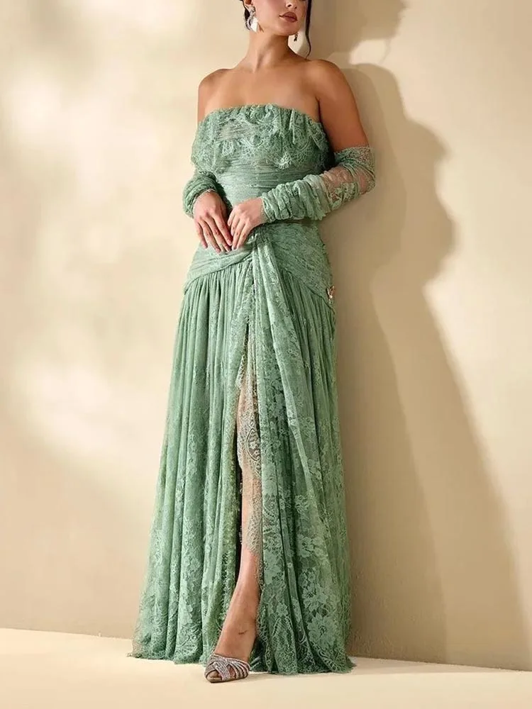 Elegant Vintage Green Lace Sexy Ruffle Strapless Gloves Customized Formal Occasion Prom Dress Evening Party Gowns