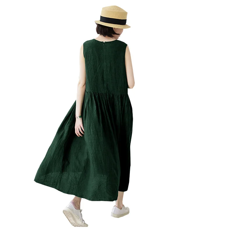 Linen Summer Women's Sleeveless Crewneck Dress Pink Vest Pullover Skirt Outside Wear Beach Play Cool Clothing