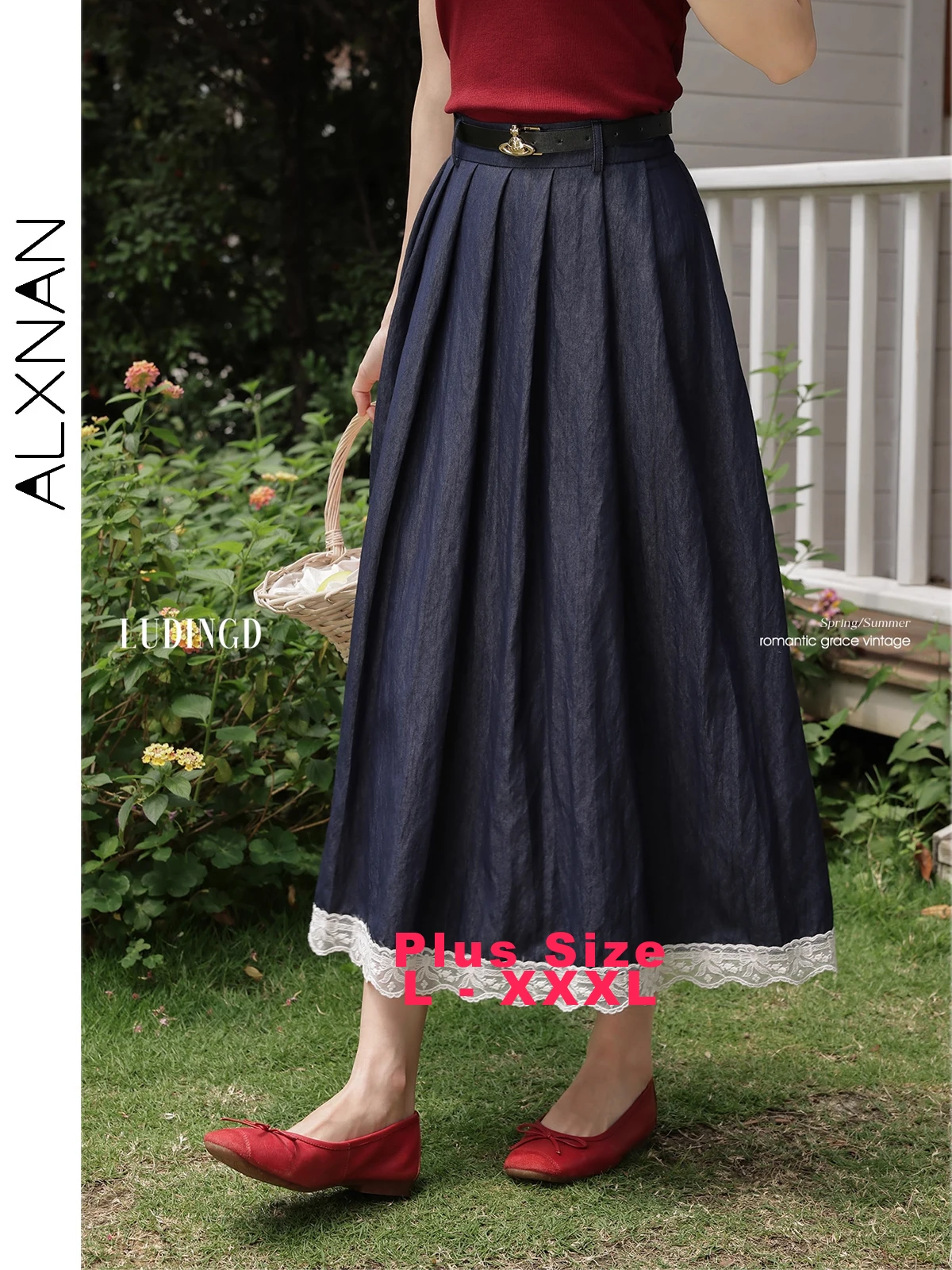 

ALXNAN Plus Size Blue Skirt High-waist Long A-line Elegant Lace Trim Pleated Skirts Women 2025 Autumn Midi Skirt Ladies D105112