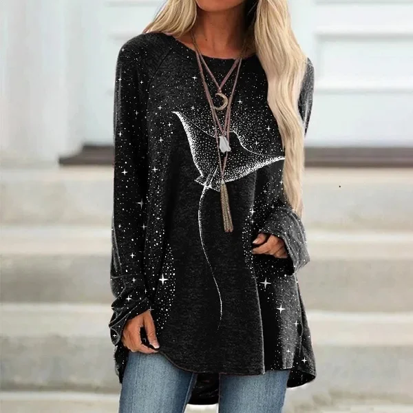 Starry Spotted Eagle Rays Print Tunic 3D All Over Printed Women's Round Neck Long Sleeved T-Shirt