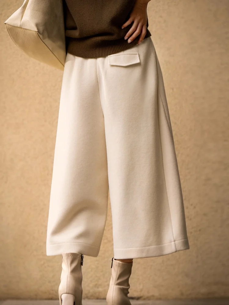 Birdtree الصوف المخلوطة واسعة الساق السراويل، امرأة الصلبة بناطيل كاجوال، نمط التنقل، 2025 الخريف الشتاء السراويل المستقيمة P5N716JF #4