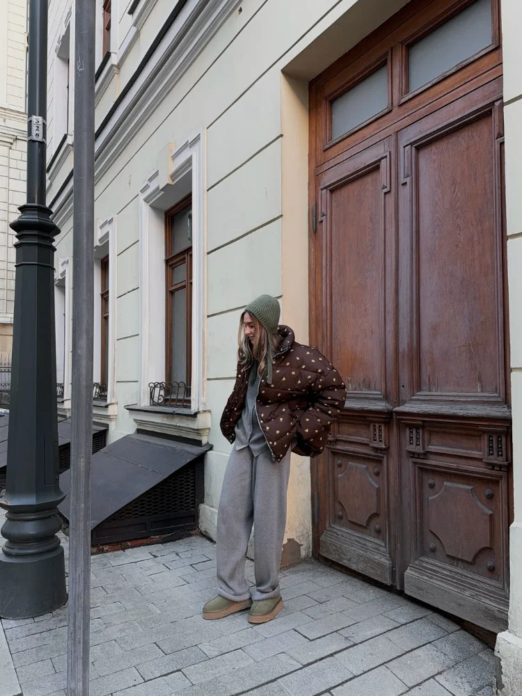 

Women Fashion Printed Hooded Cotton Jacket Casual Stand Collar Full Sleeve Zipper Loose Jackets Lady Winter Daily Street Coat