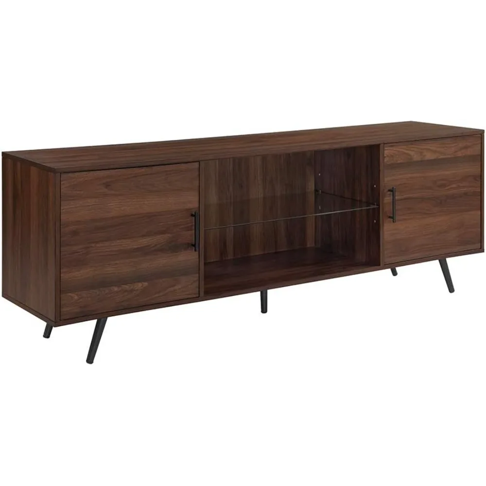 Saxon Mid Century Modern 2 Door Glass Shelf TV Stand for TVs up to 80 Inches, 70 Inch, Dark Walnut