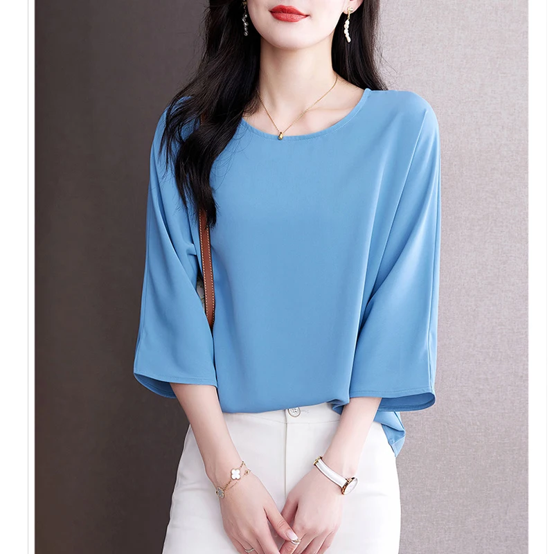 Women Korean Fashion Simple Elegant Temperament Blouse Casual O Neck 3/4 Sleeve Shirt Solid Loose Pullover Tops Blusas De Mujer