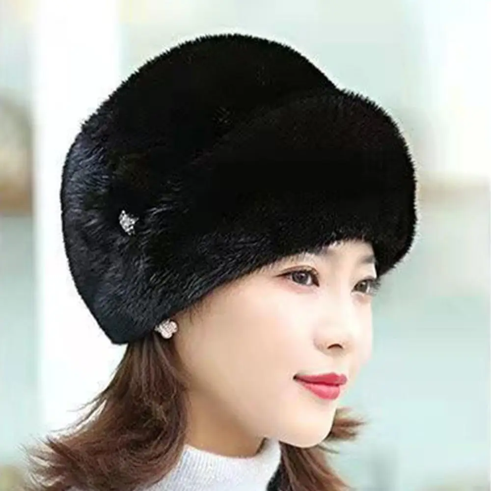 Fashion Faux Rabbit Fur Winter Hat Thickened Keep Warm Middle-aged Cap Flower Decor Thermal Hat Autumn Winter