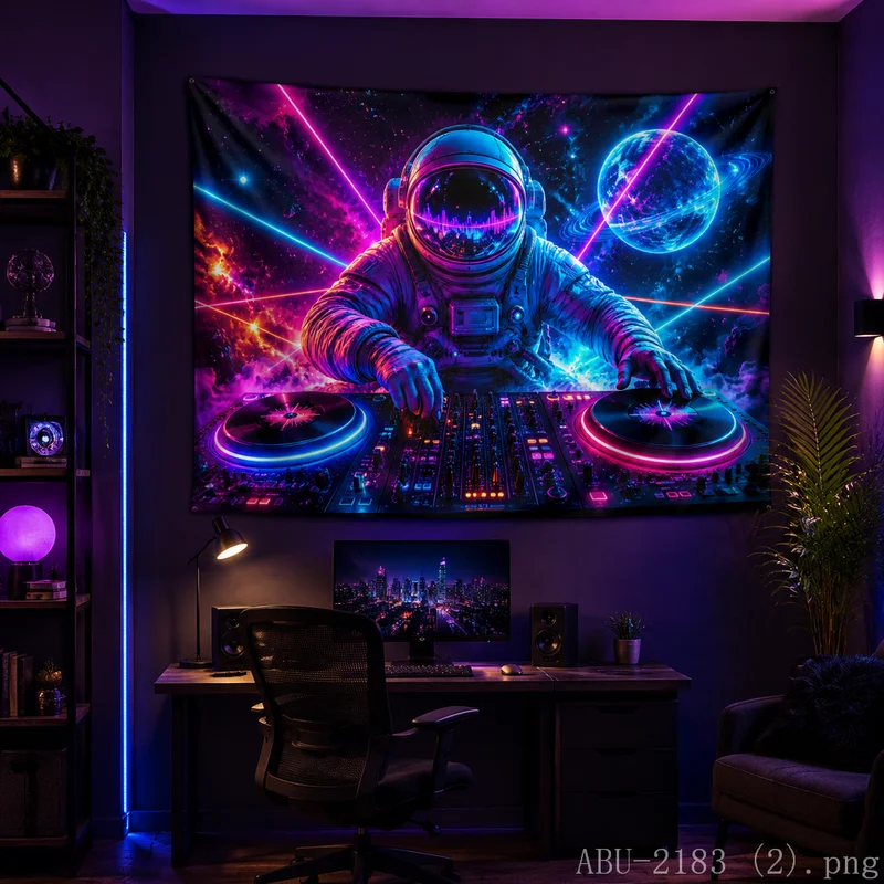 VIKAMA Psychedelic DJ Astronaut Tapestry Laser Light Cosmic Planet Galaxy Wall Hanging Decor Gaming Room Bedroom Dorm