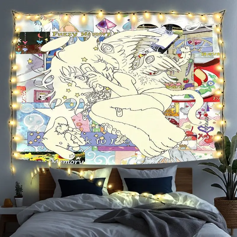 VIKAMA Angel Wing Lamb Line Art Horizontal Tapestry Wall Hanging for Room Decor Cozy Retro Aesthetic Unique Home Decor