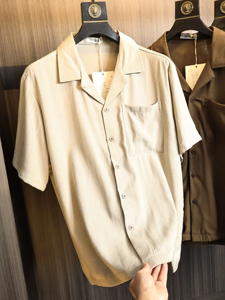 Casual Cuban Collar Short Sleeve Shirt Men's OS Fit Vintage Style Breathable Polyester Fashionable Urban Youth Summer Shirt