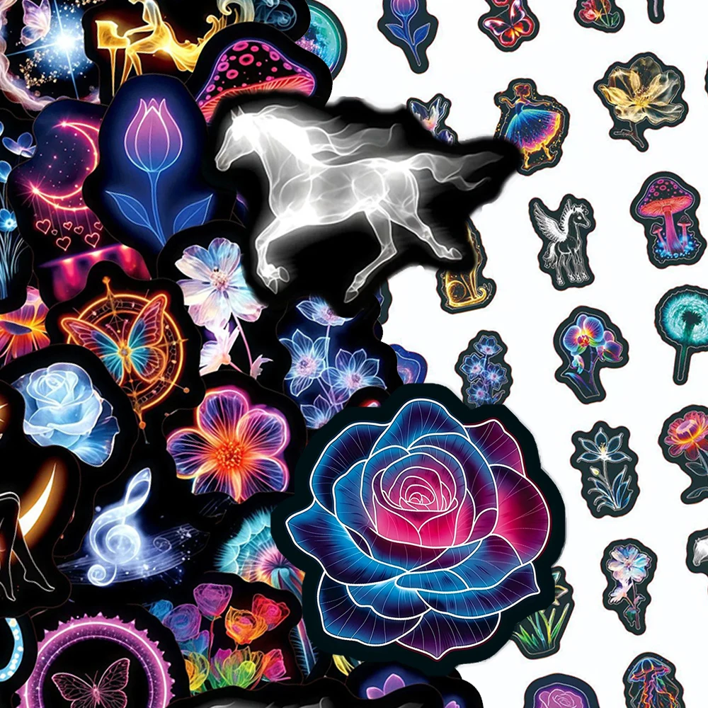 

10/30/50pcs Fantasy Neon Animal Flower Stickers Cartoon Aesthetic Sticker Waterproof DIY Laptop Phone Guitar PVC Graffiti Decals