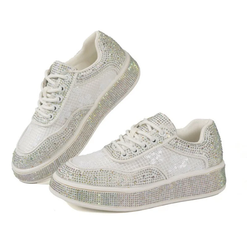 White Rhinestone Mesh Platform Sneakers for Women Lace Up Hollow Floral Mesh Thick Sole Sparkly Crystal Ladies Summer Breathable