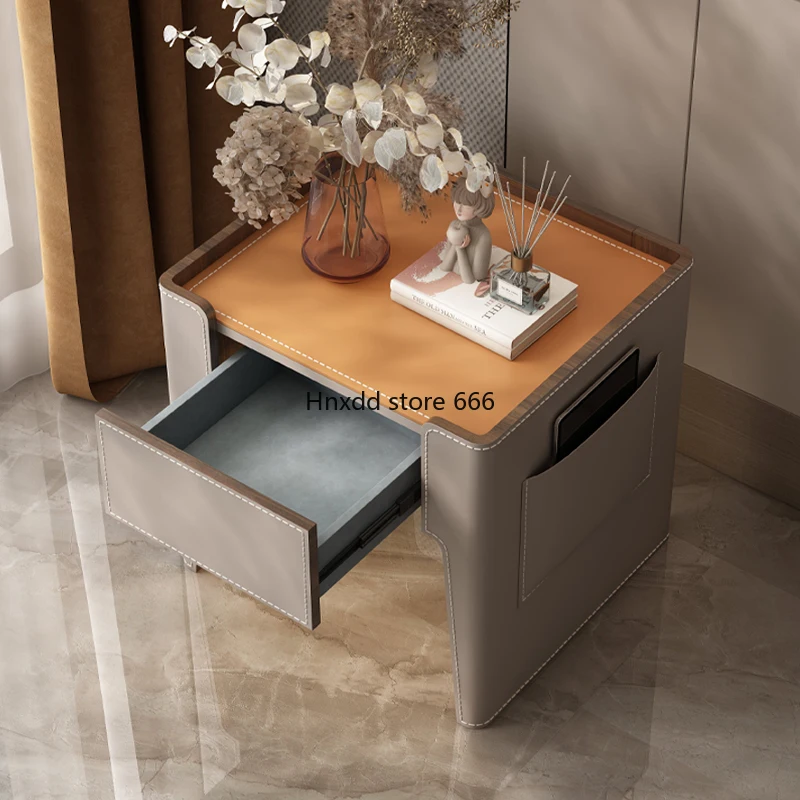 Italian light luxury bedroom with sensor lamp saddle leather solid wood bedside table household