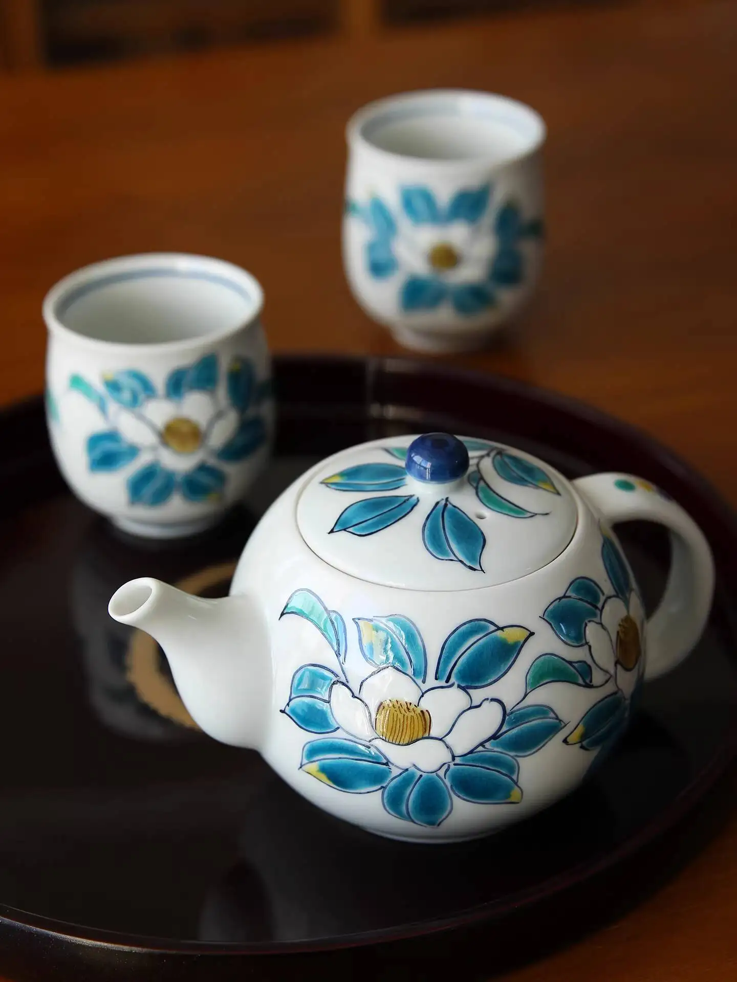 Japanese Imported Kutani Ware Camellia Ceramic Teapot Teacup Set, Blue Floral Design, One Pot And Two Cups Gift Box