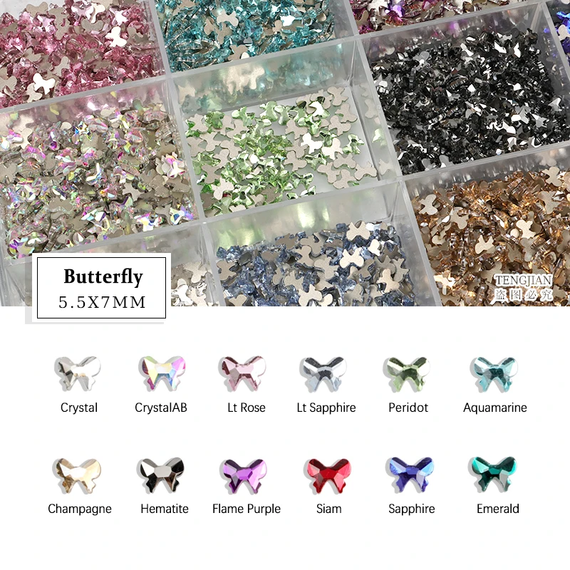 Butterfly Shape 5.5x7MM Flat Back Nail Art Rhinestone 12 Color Glass Stone DIY Manicure Decorations Mini Diamond 100Pcs