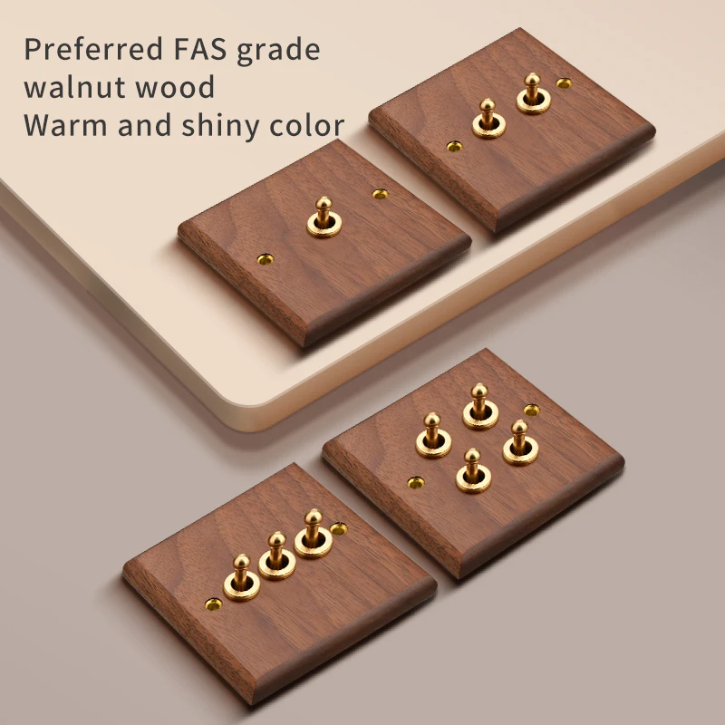 

Wood and Brass Lever, Retro 86 Style EU Bidirectional SwitchVintage Wood Grain Socket Wood Panel Switches with Black Walnut