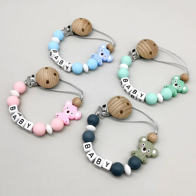 Handcrafted Customized  Name Baby Pacifier Clips Koala Personalized Chains Silicone Beads Teether Toys Dummy Holder Shower Gifts