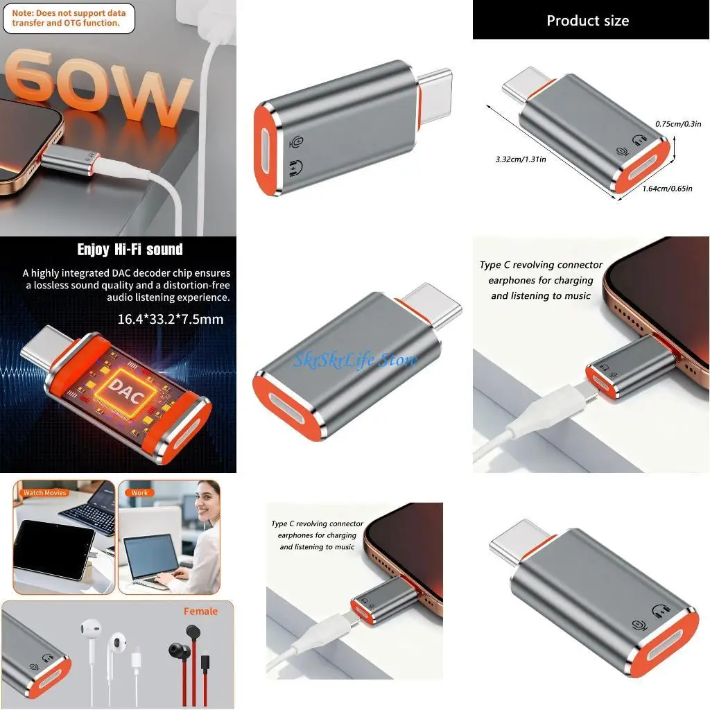 

E65E компактно к USB C аудиоадаптер для плавного воспроизведения музыки и зарядки устройства PD60w, выход 9 В/15 В 20 В/3 А