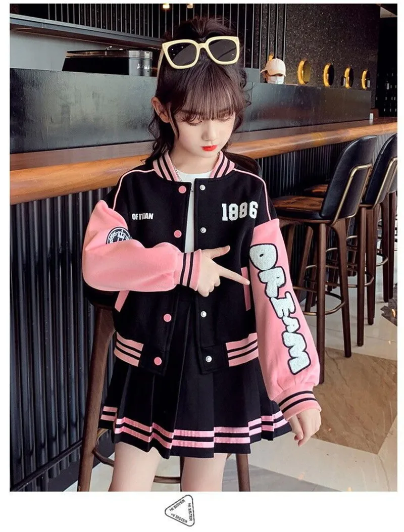 2023 Girls Clothing Sets Children Long Sleeved Coats Skirts Suit Teenage Girl Jacket Baseball Suit Kids Tracksuit Outfit Clothes