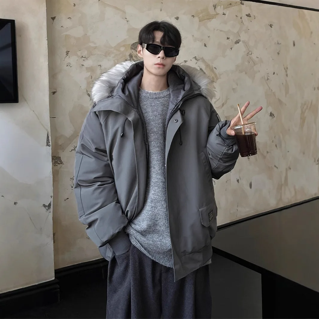 

2025 Winter Men Parkas Down Coat Thicken Cold-proof Pocket Man Jacket Long Sleeve Zipper Hooded Loose Versatile Male Outerwear