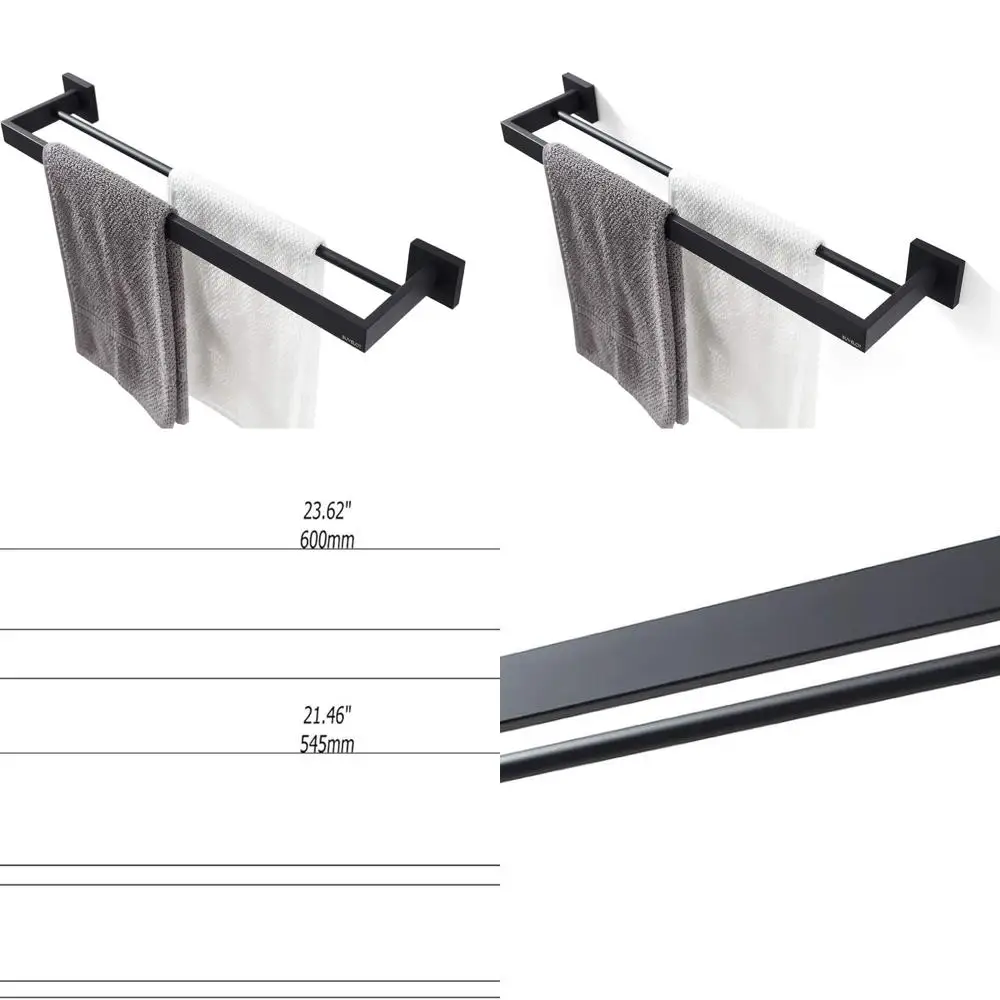 

Modern Wall-Mounted Double Towel Rack, Matte Black Square Design, Bathroom Accessory, 071080-MB Les Series