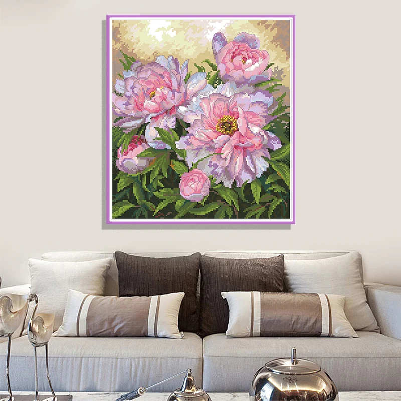 Bloom Tender Peonies Cross Stitch Pattern Kits Canvas Embroidery Needlework 11CT 14CT DIY Crafts Home Decor Paintings