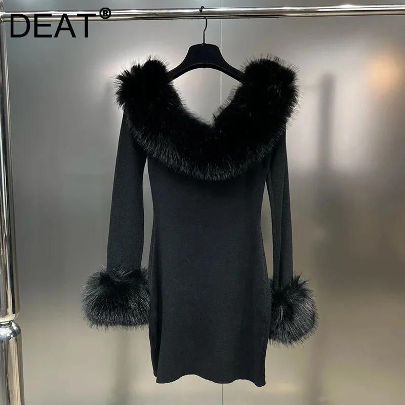 DEAT Women's Black Dress 2024 New Autumn Large Round Neck Fur Spliced Design Straight Slim Knit Long Sleeve Dresses 11XX6154