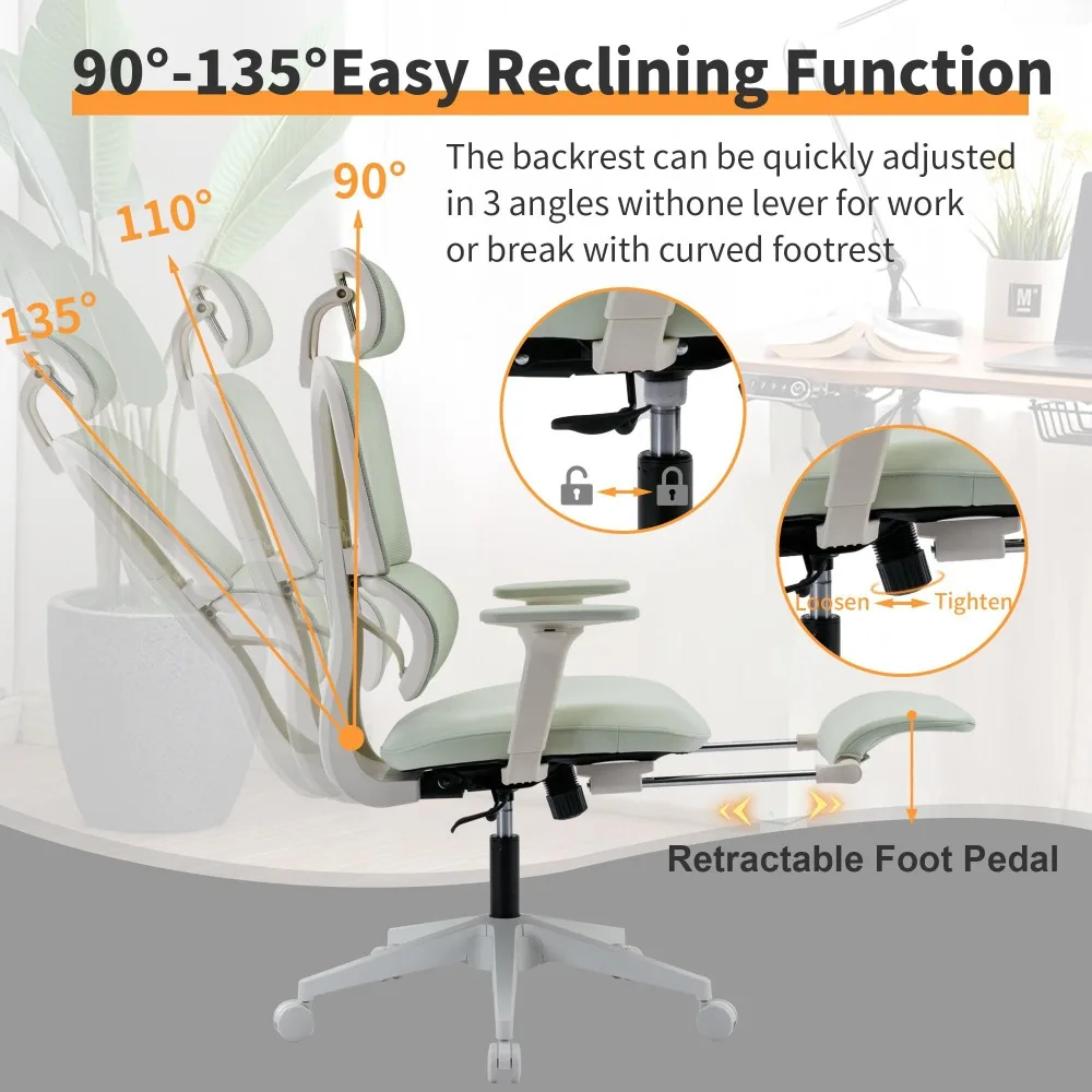 

Multi Functional Ergonomic Mesh Office Chair Adjustable Armrest Footrest Lumbar Support 360 Silent Wheels for Home Office Gaming