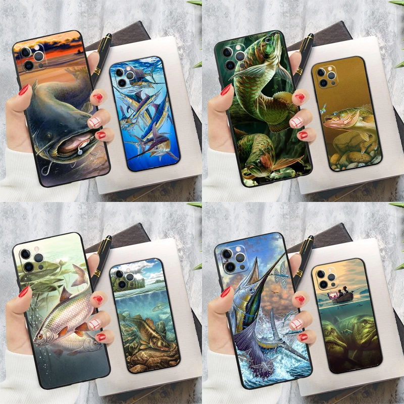 Fishing Gear Fish Case For iPhone 15 11 12 13 14 Pro Max XS XR X 7 8 Plus 12 13 Mini 16 Pro Max Soft Cover