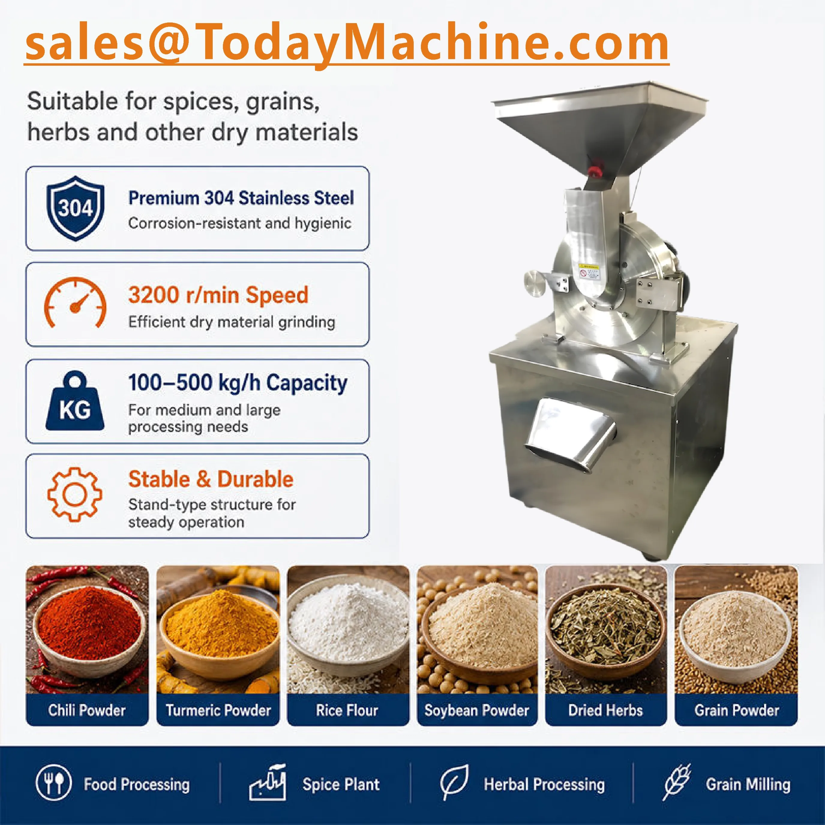 Herb Pulverizer Machine Spices Grinder SUS304 Material 5-30kg/h Motor & Bearing Core Components Food Processing Easy to Operate