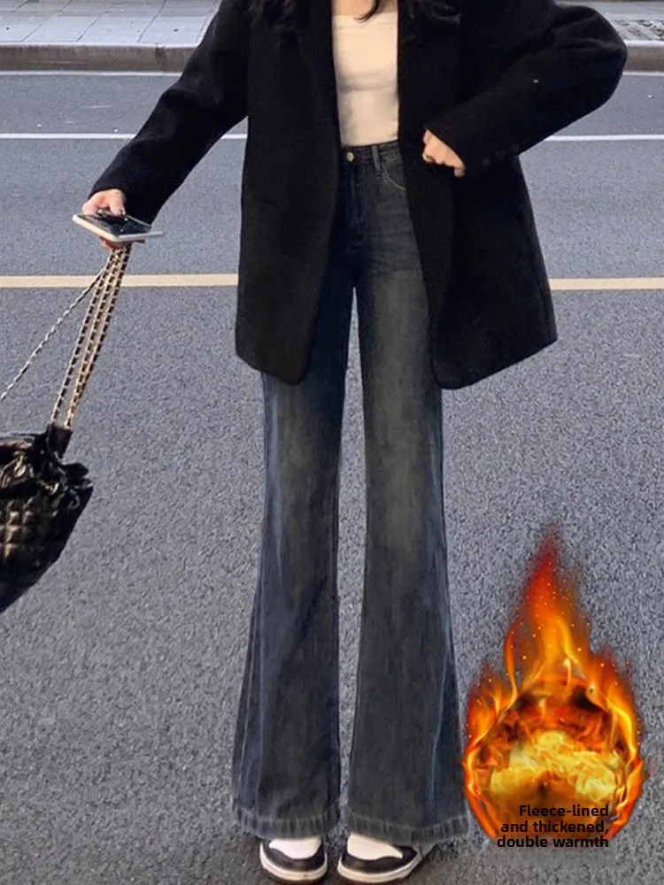 

Джинсы-буткат больших размеров с флисовой подкладкой, женские свободные брюки с высокой талией, стройнящие, прямого кроя, удобные, мягкие, из денима, для повседневной носки