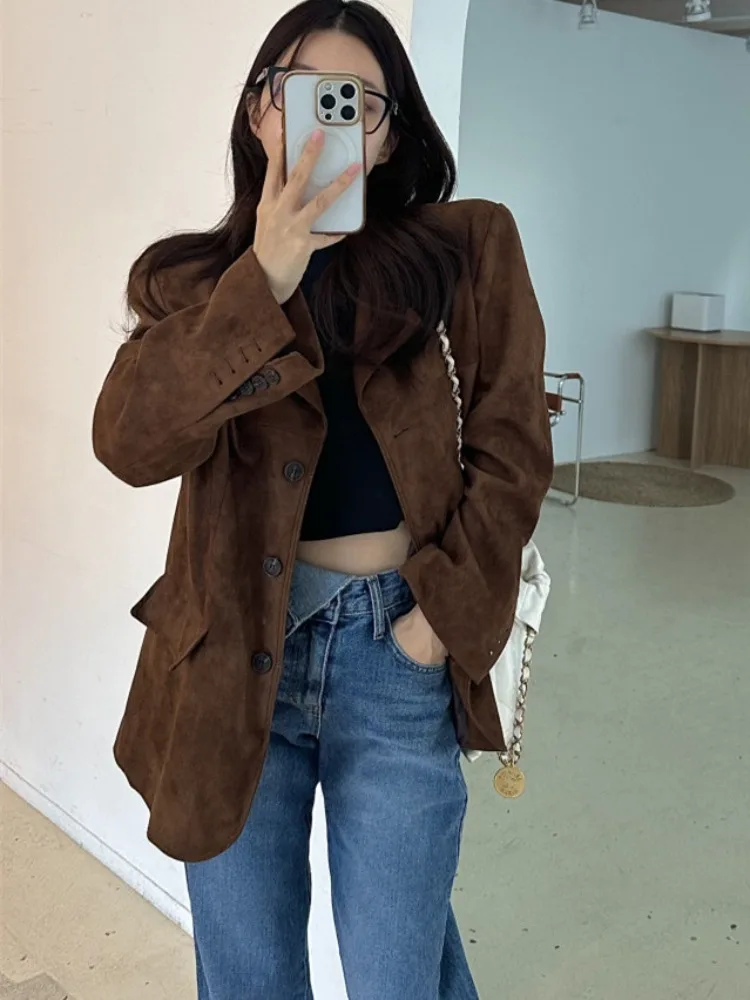 

Осенний кожаный бархатный топ на одной пуговице, женский гонконгский шикарный свободный универсальный высококачественный модный топ в стиле ретро