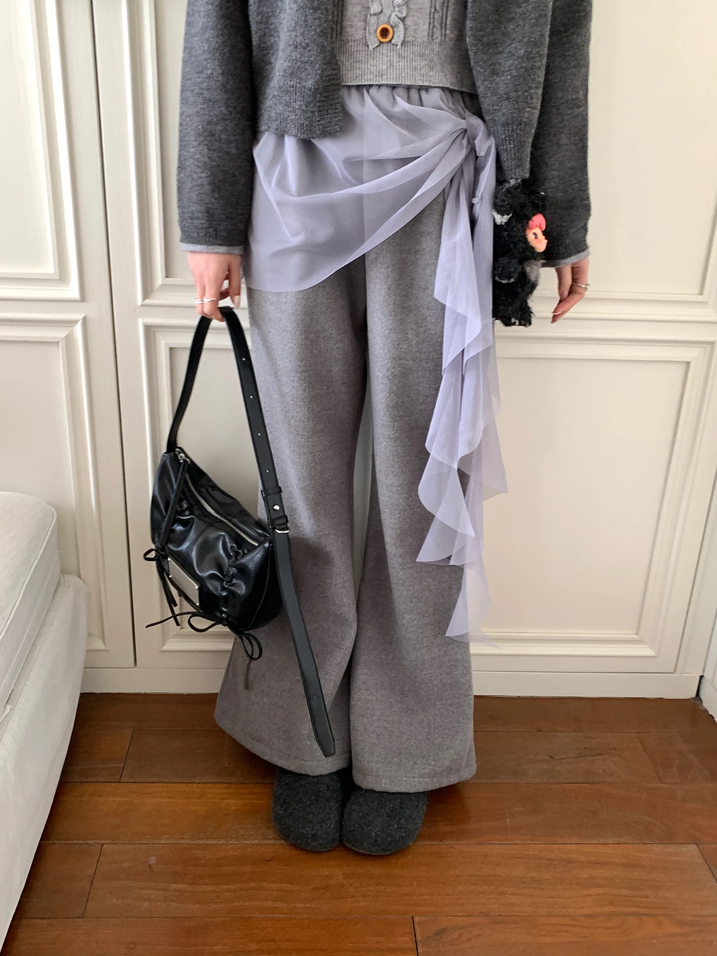 

Зимние асимметричные брюки-клеш в корейском стиле с высокой талией, на флисовой подкладке, повседневные, утепленные, с сетчатыми вставками, нестандартного кроя, для отдыха