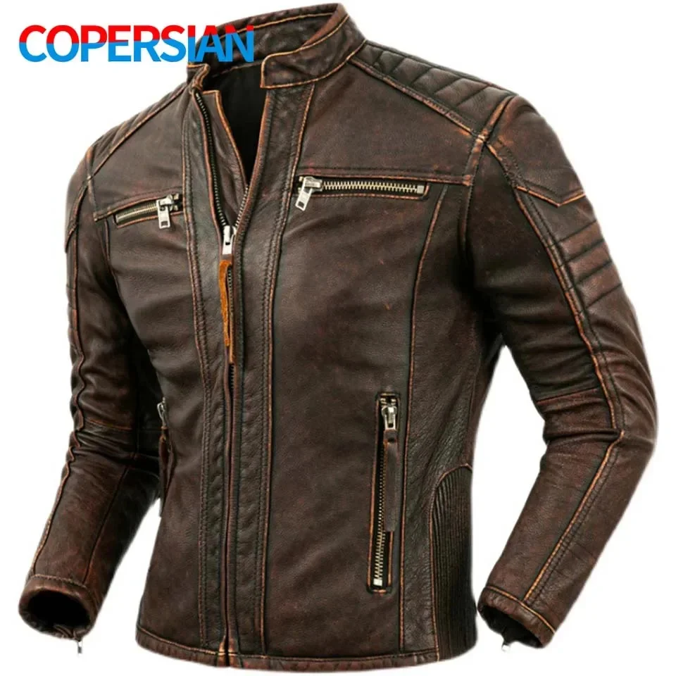 Men's Natural Leather Jacket First Layer Calfskin Stand Collar Motorcycle Retro Brown Cowhide Men‘s Biker Clothes