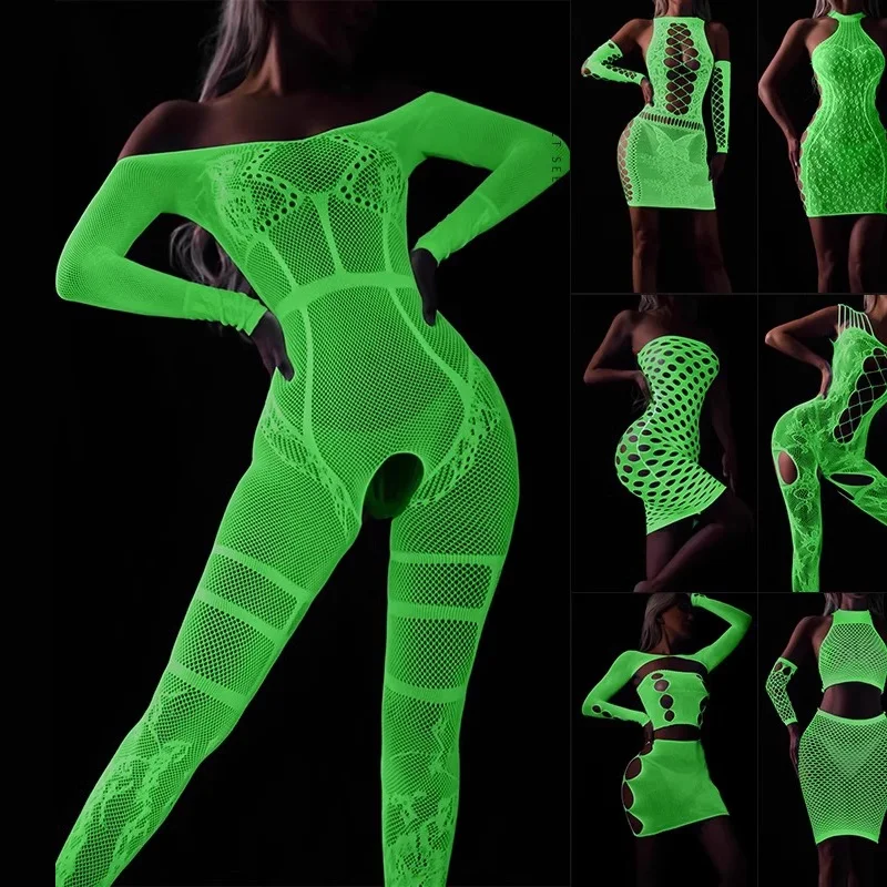 

Glow-in-the-Dark Lingerie Bodysuit Sexy Hollow-out and Crotchless Fishnet Stockings