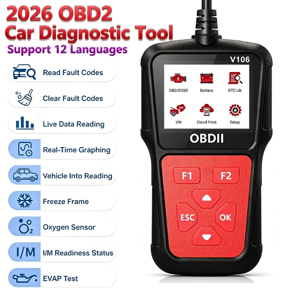 2026 Neuester OBD2-Scanner Professionelles OBD2-Autodiagnosegerät Codeleser Scan-Tool Löscht Fehlercodes Unterstützt 12 Sprachen