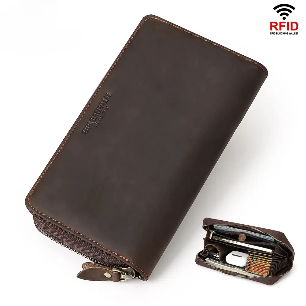 

RFID First Layer Cowhide Retro Zipper Multi Card Slot Genuine Leather Men's Long Wallet