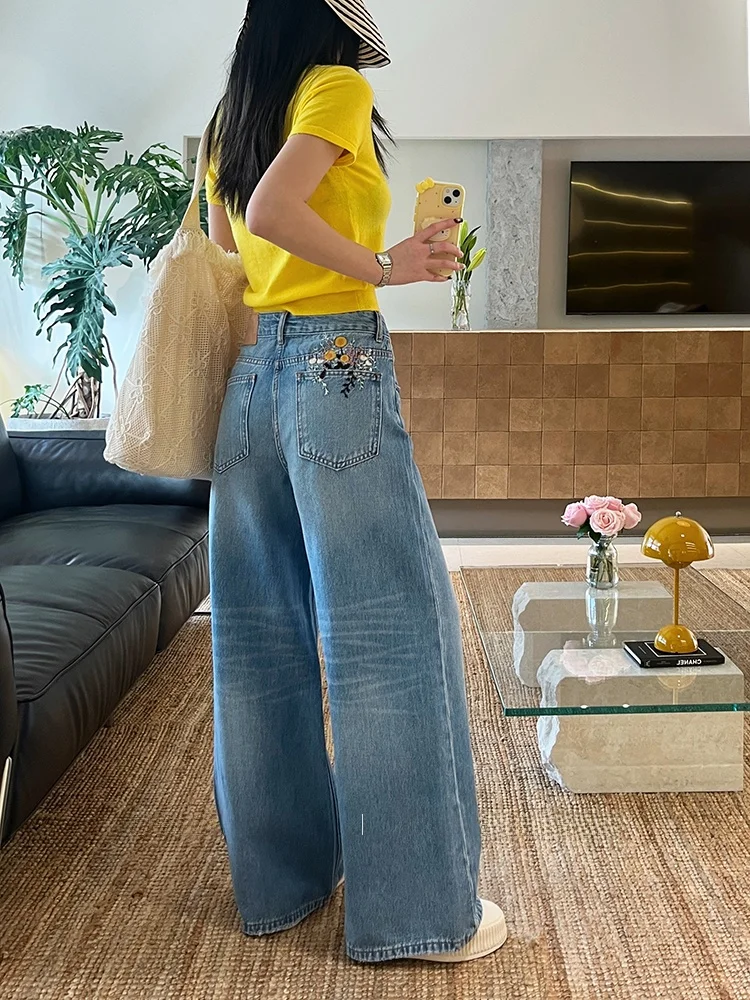 

Spring 2026 Women's Wide Leg Denim Jeans High Waist No Stretch Embroidered Floral Straight Cut Commute Sle Blue Cotton