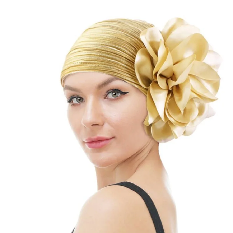 Nowy damski turban z dużym kwiatem Hidżab Muzułmańska czapka Elastyczna czapka Chemo Opaski do włosów Arabska chusta Szalik na wypadanie włosów Czapka turbante mujer